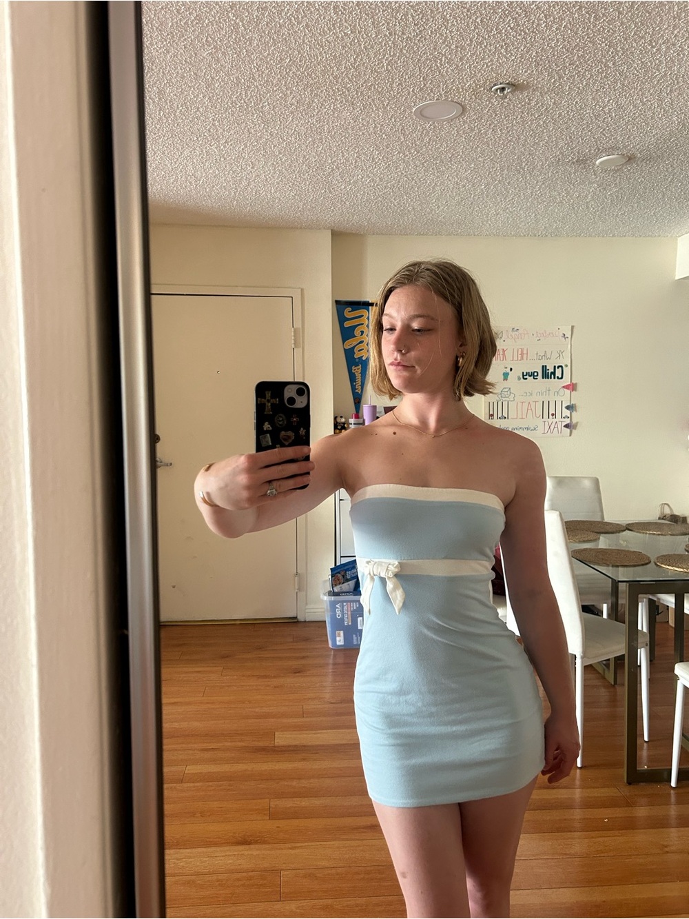 Beginning Boutique Strapless Light Blue & White Mini Dress